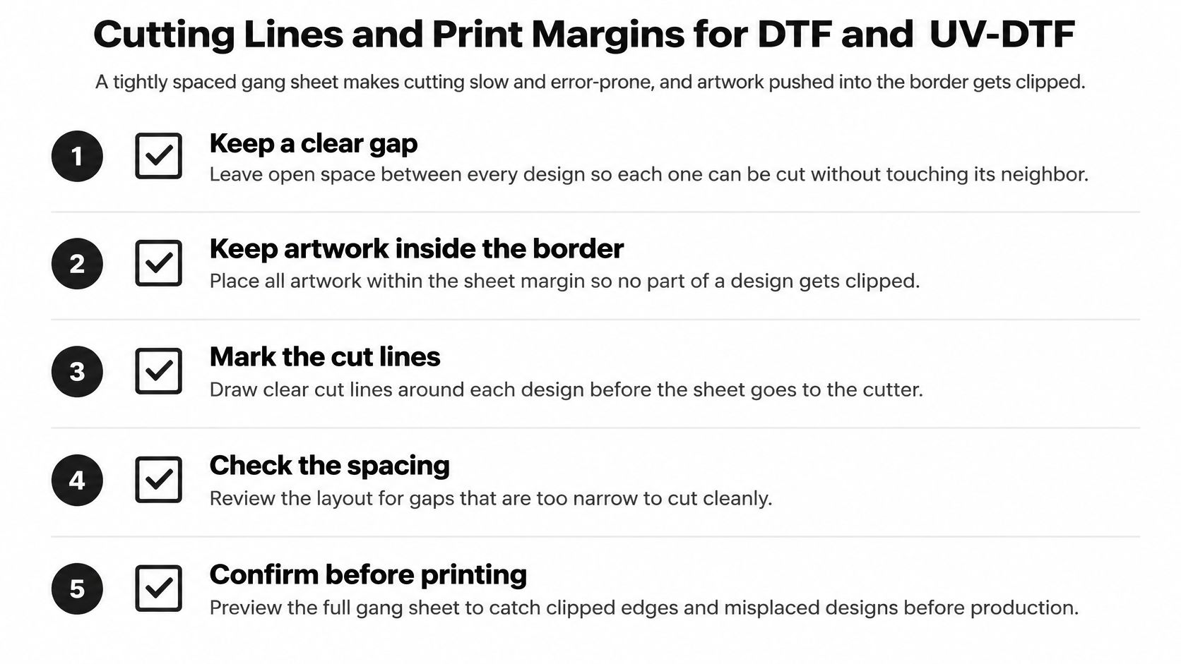 A five-step guide on setting up cutting lines and print margins for DTF and UV-DTF gang sheets.