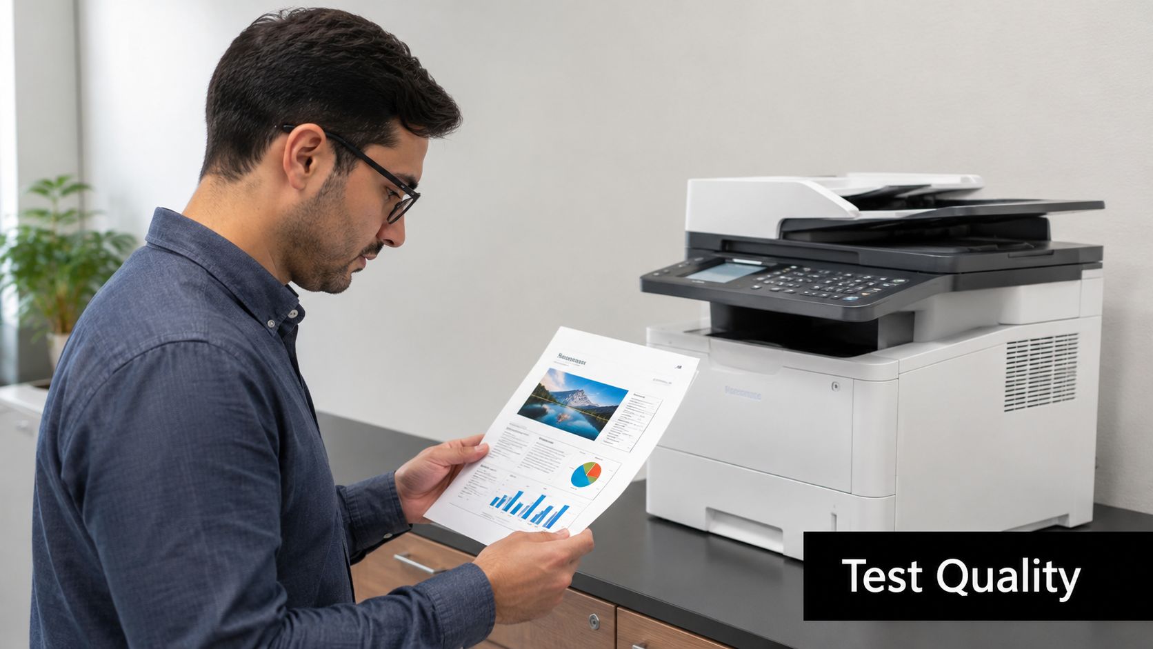 A man in a shirt holds a printed document while standing near an office printer.