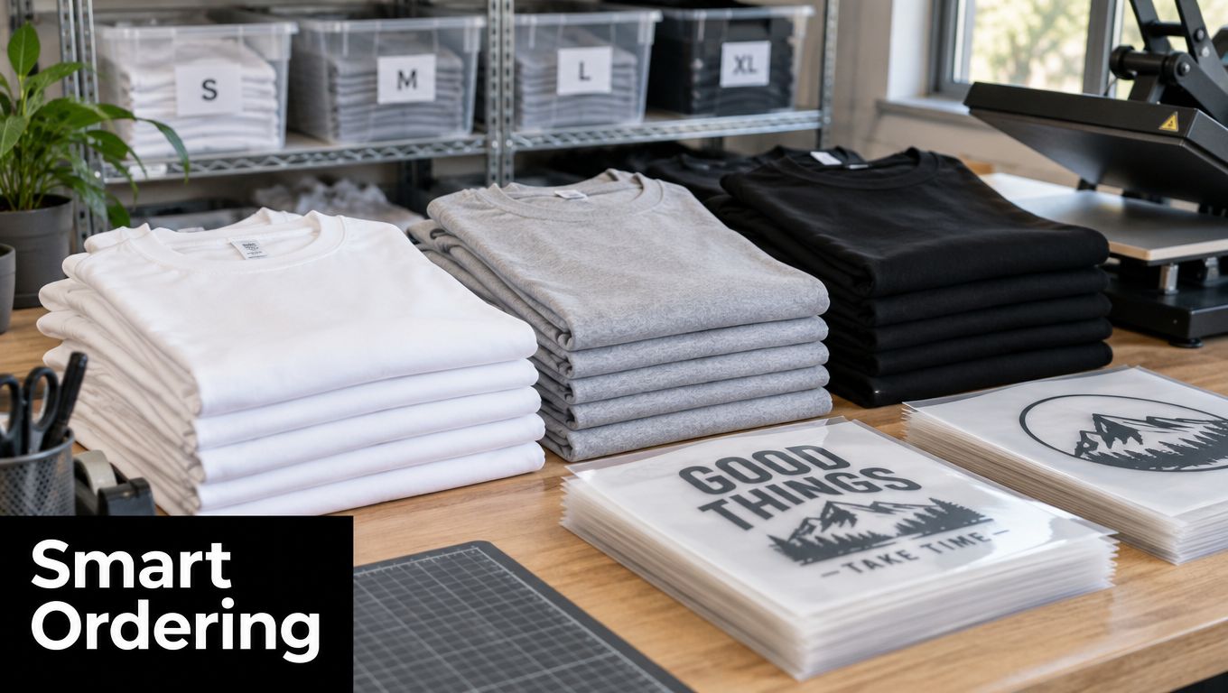 Stacks of white, gray, and black folded t-shirts next to printed graphic designs in a workshop setting.