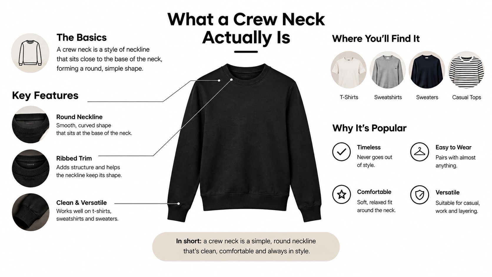 An infographic explaining the characteristics of a crew neck, featuring a black sweatshirt and descriptive text labels.