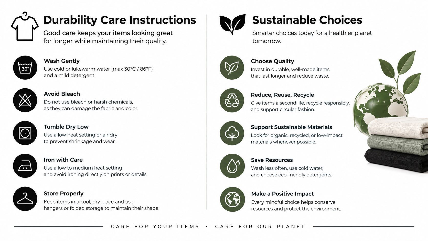 An infographic detailing clothing durability care instructions and sustainable choices to protect the environment.