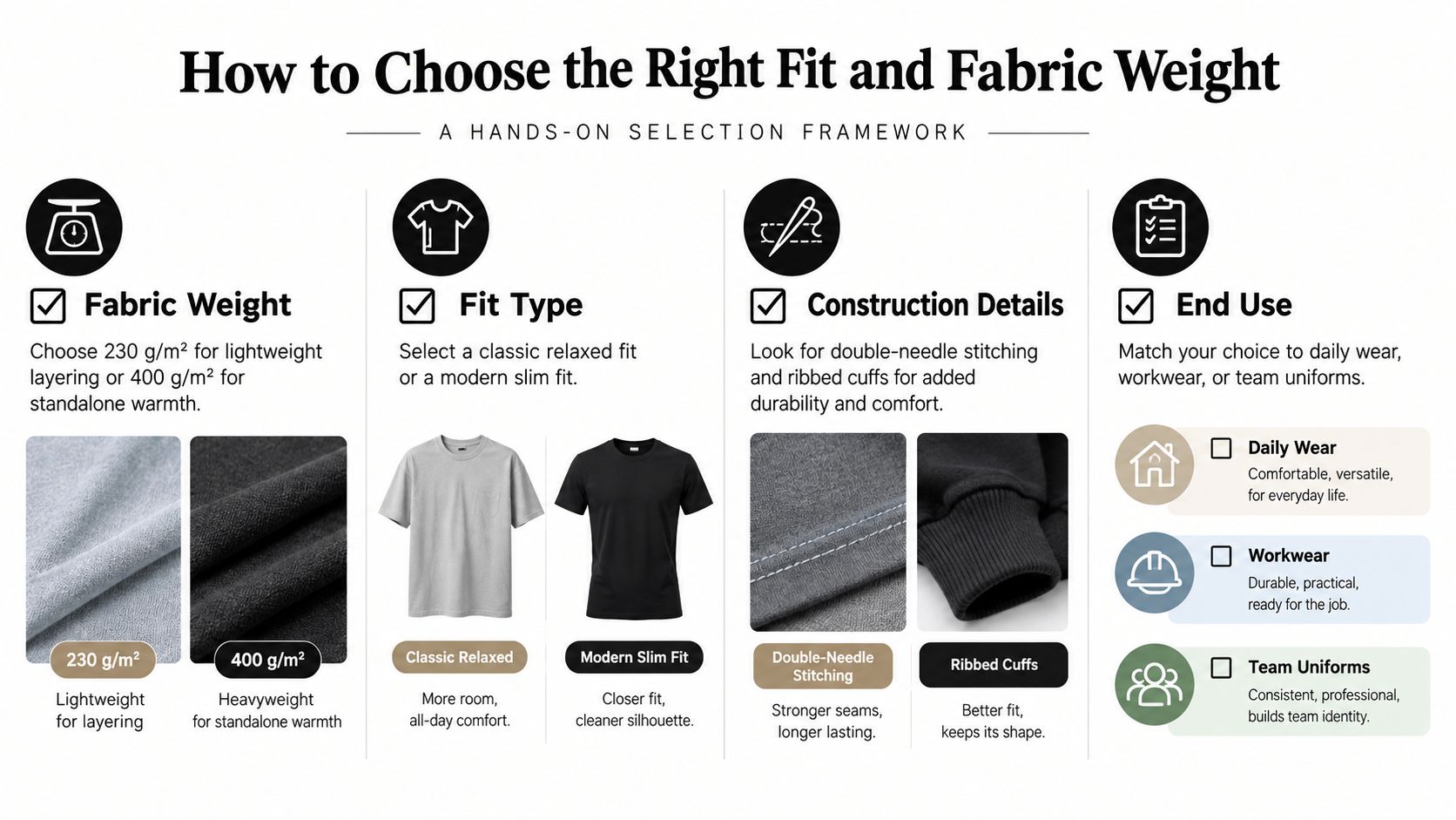An infographic guiding how to select the right fit and fabric weight for fleece crewneck pullovers.