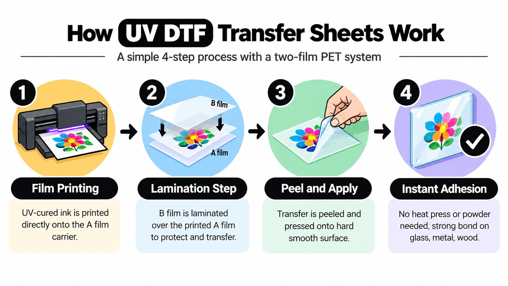 An infographic illustrating the four-step UV DTF transfer sheet printing, lamination, peeling, and application process.
