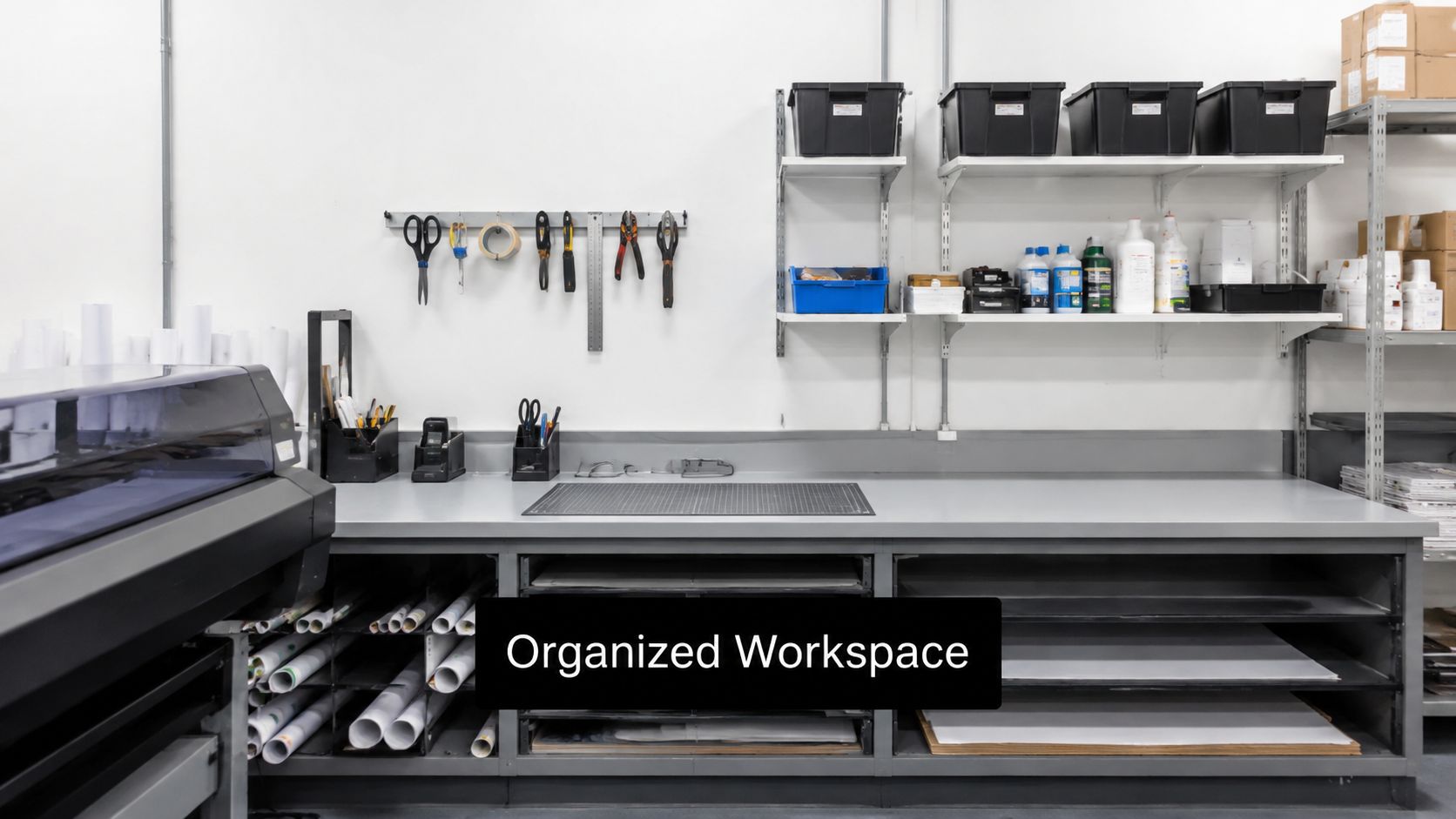 A clean and organized industrial workshop featuring a large workstation, storage shelves, and neatly hung tools.