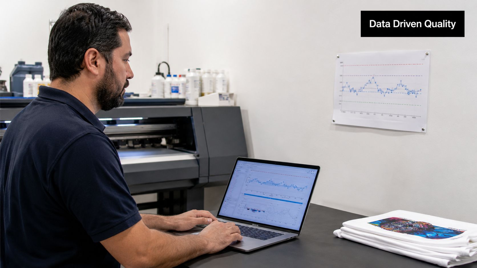 A technician monitors production quality control charts on a laptop in a modern industrial printing facility.