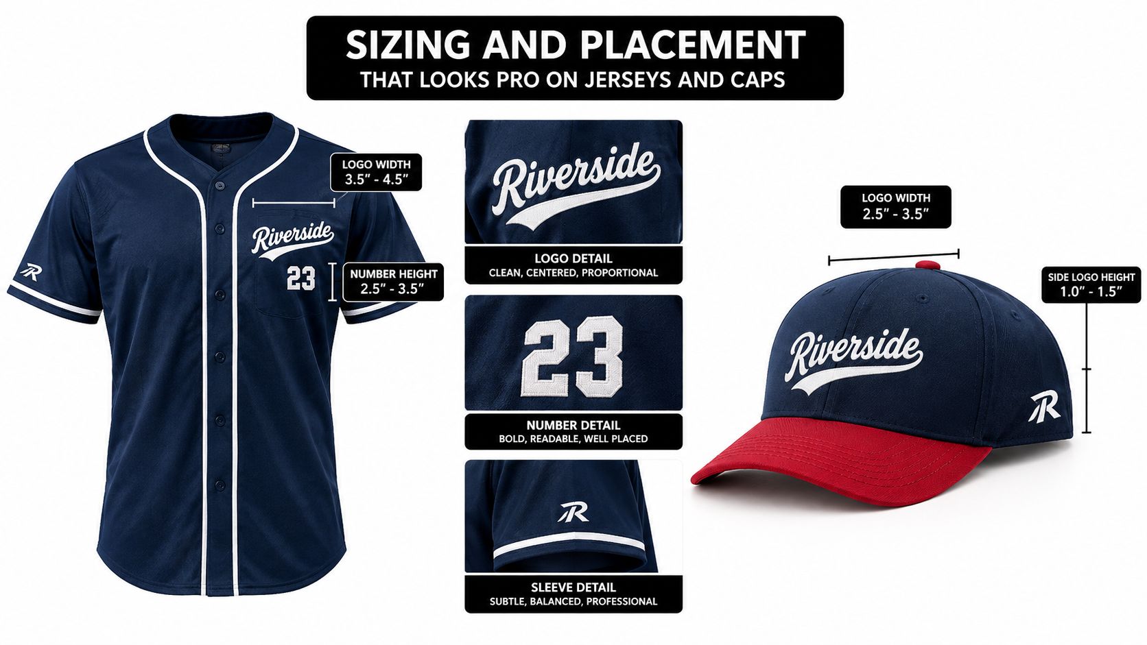 A diagram illustrating the professional sizing and placement guidelines for logos and numbers on baseball jerseys and caps.