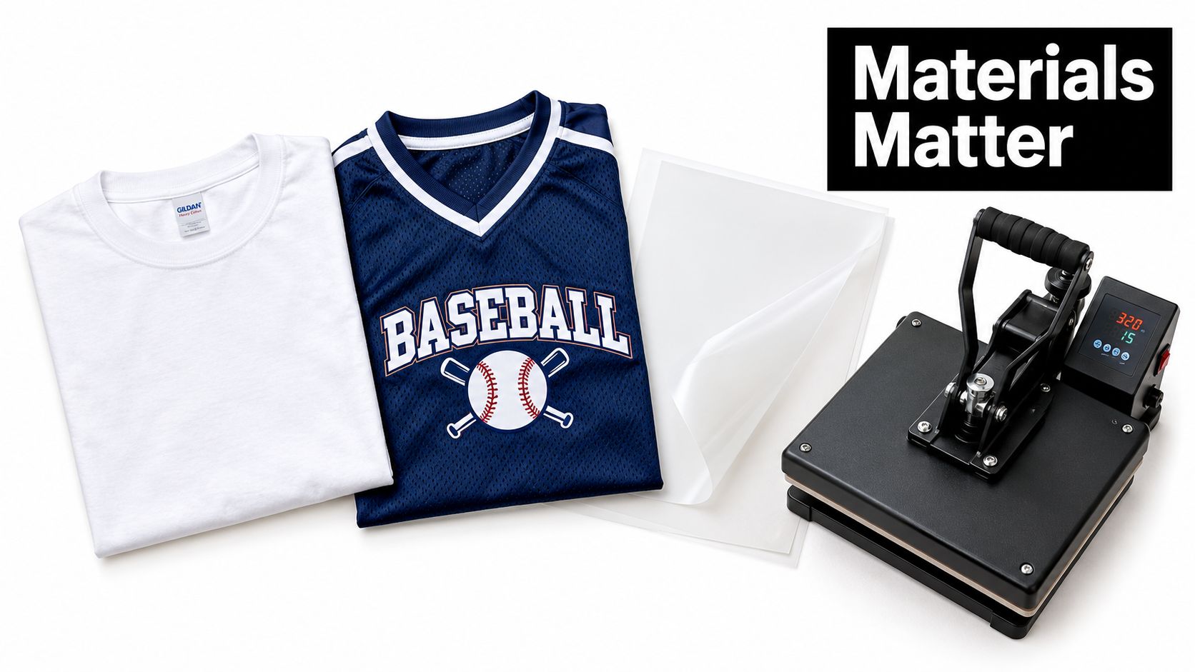 A blank white t-shirt, a baseball jersey, transfer sheets, and a heat press machine on display.