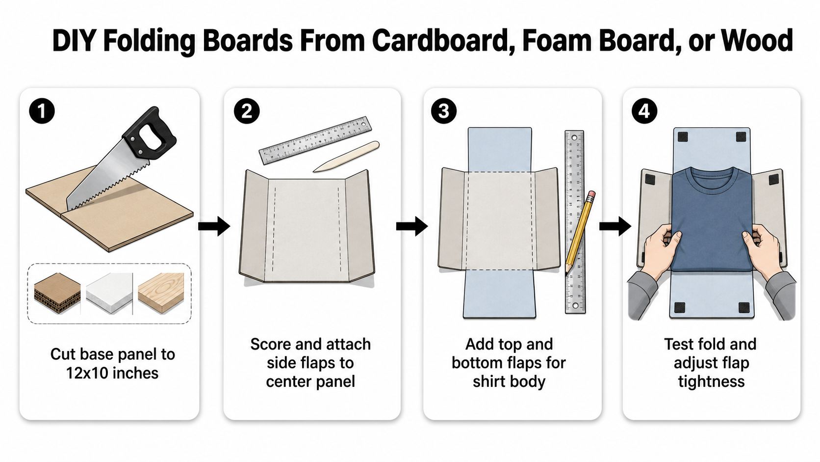 An instructional graphic showing four steps to build a DIY shirt folding board using cardboard or wood.