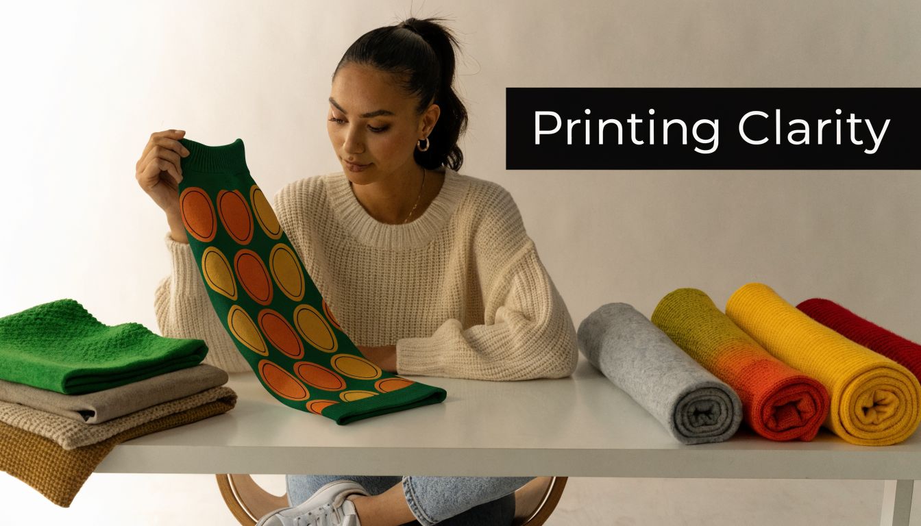A woman examining a printed fabric swatch while colorful textile rolls sit on a table nearby.