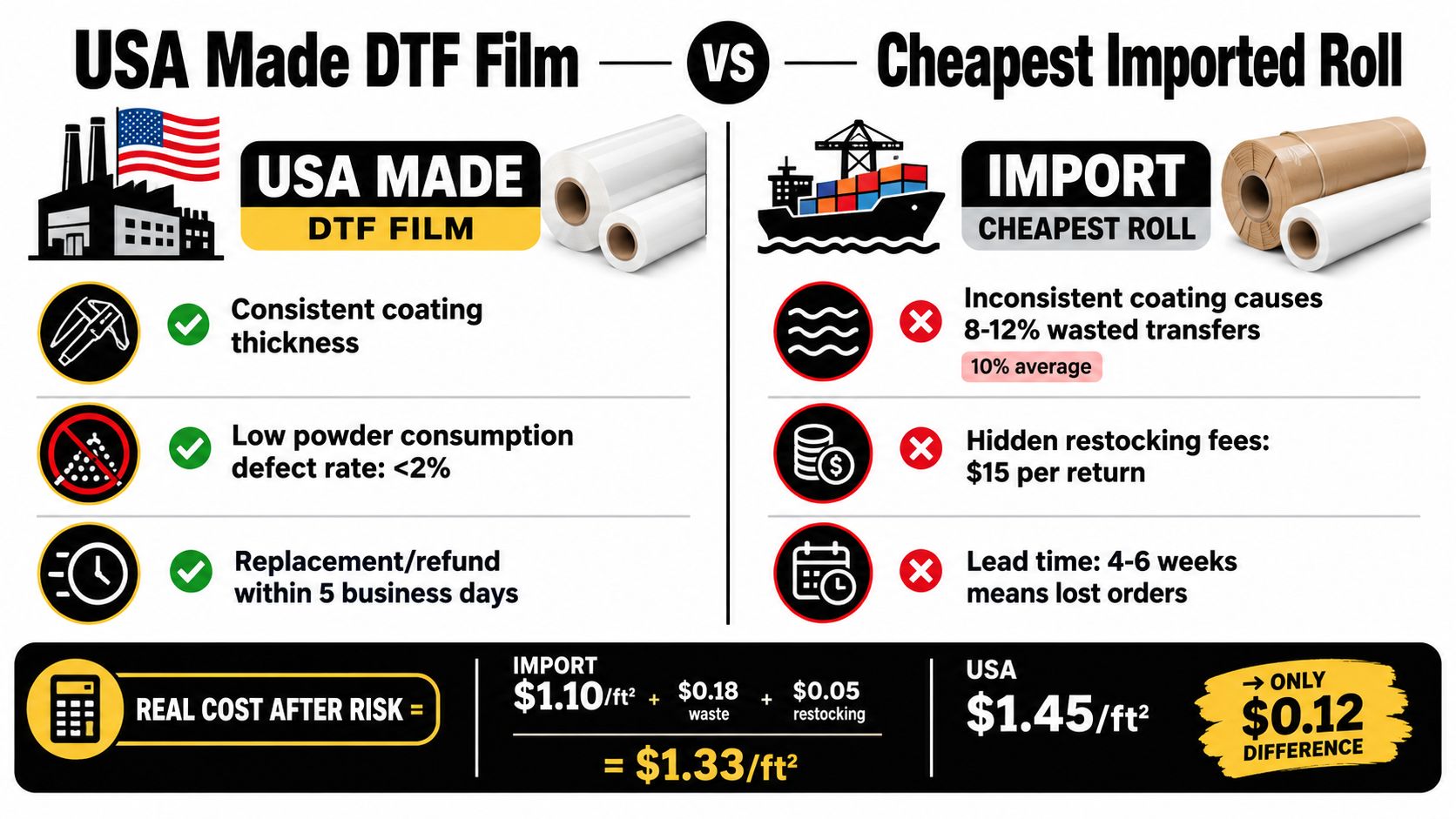 A comparison chart showing the benefits of USA-made DTF film versus cheaper imported rolls.