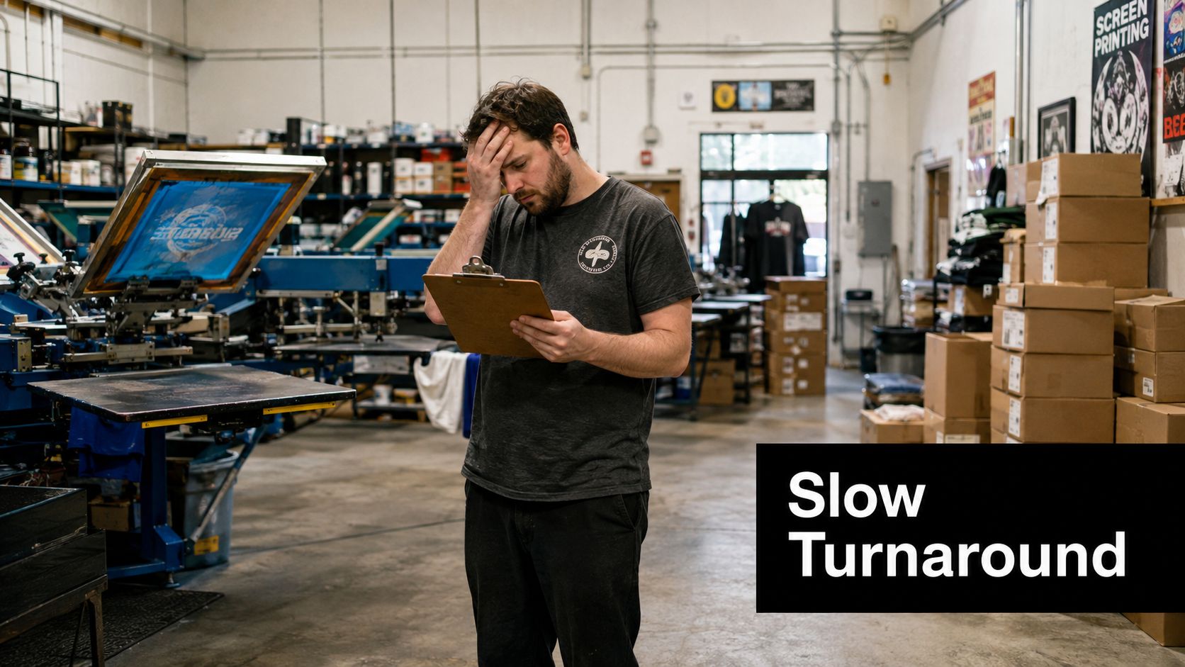 A frustrated man standing in a messy warehouse looking at a clipboard with an overwhelmed expression.