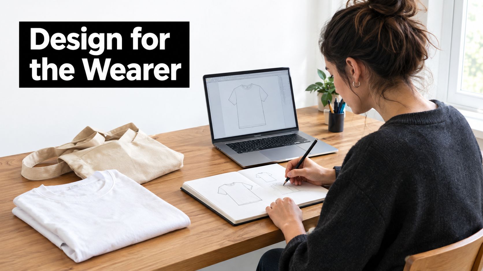 A fashion designer sketches garment designs in a notebook while working on a laptop at a desk.
