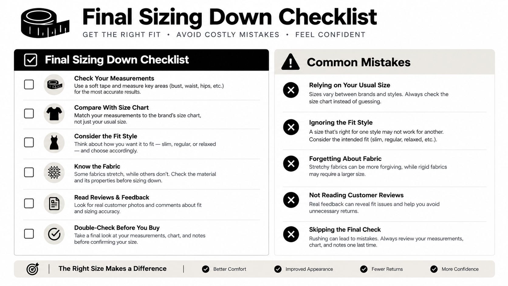 A checklist for sizing down clothing, featuring steps to measure, compare size charts, and avoid common mistakes.