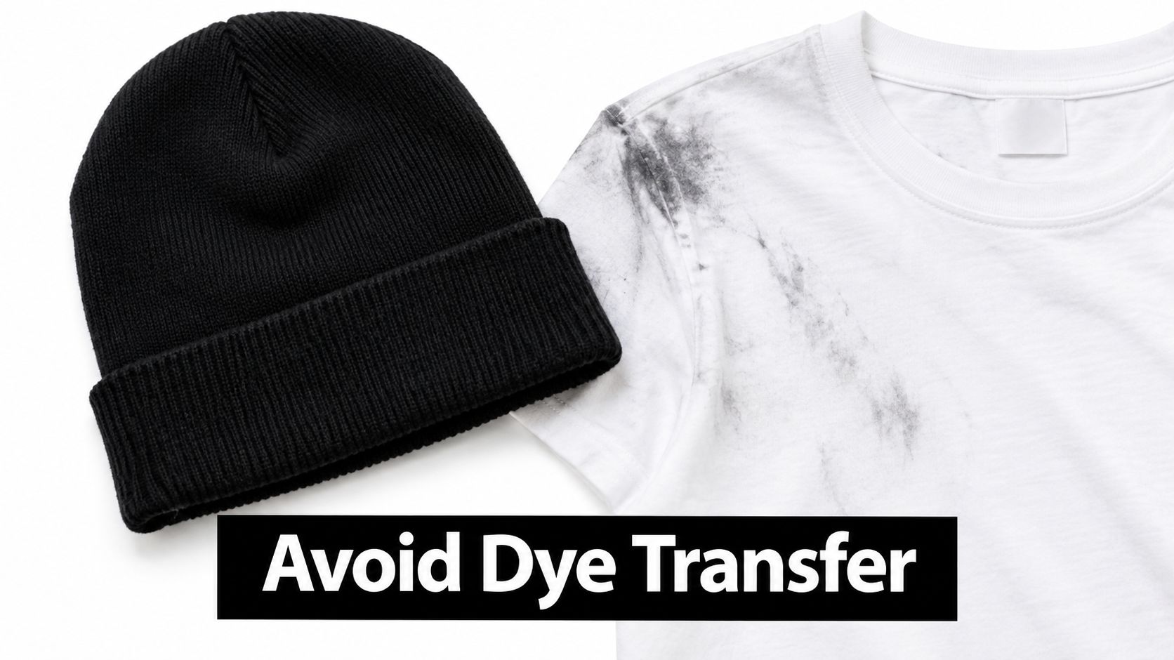 A black knitted beanie next to a white t-shirt showing noticeable dark black dye transfer stains.