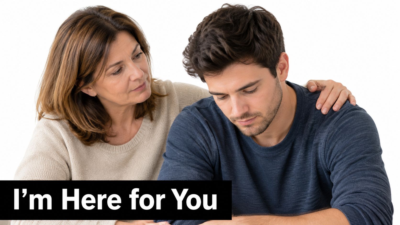 A supportive mother gently placing a comforting hand on the shoulder of her sad adult son.