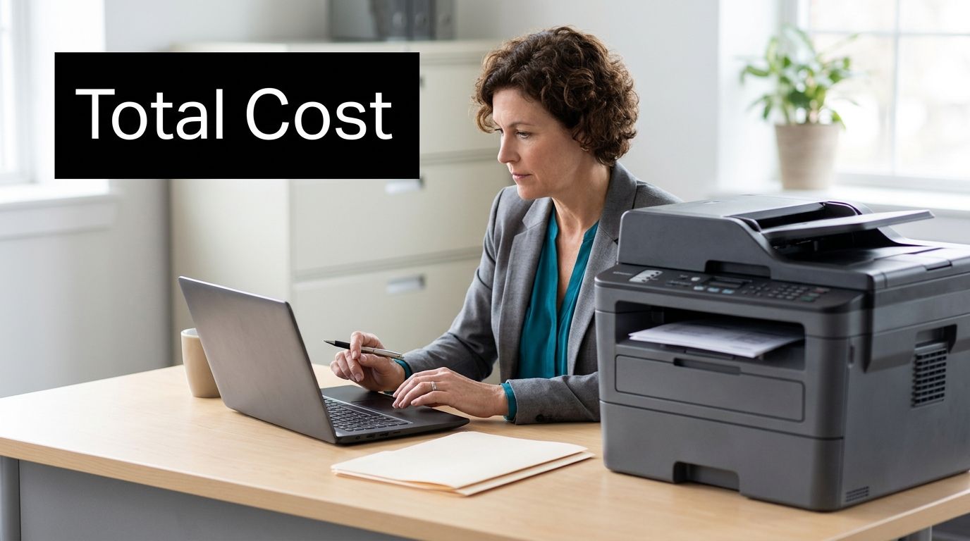 A professional woman in a suit working on a laptop next to a printer in an office.