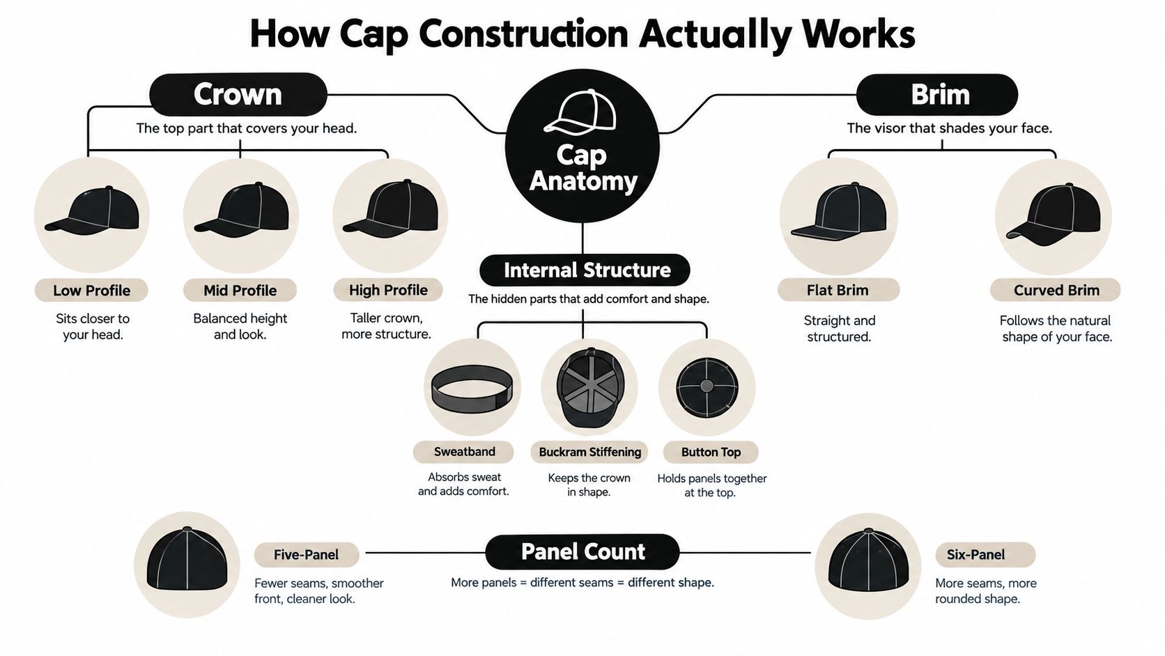 An educational infographic explaining the anatomy of baseball caps including crown profiles, brim styles, and internal structure.