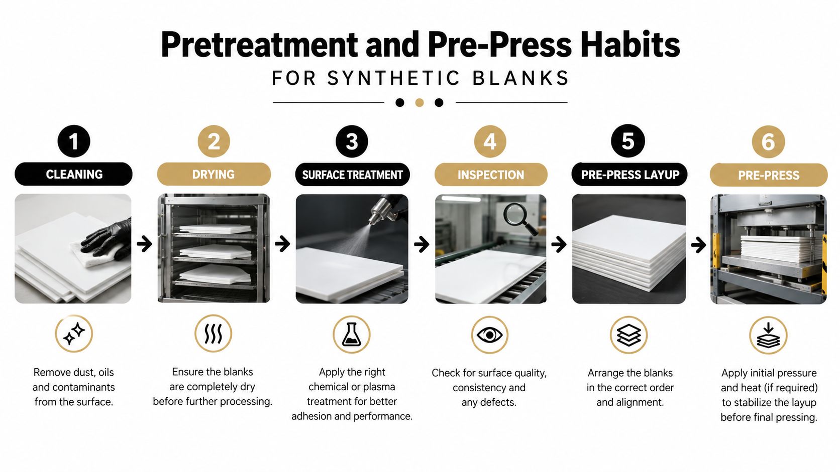 A six-step infographic detailing the professional pretreatment and pre-press process for preparing synthetic blanks for manufacturing.