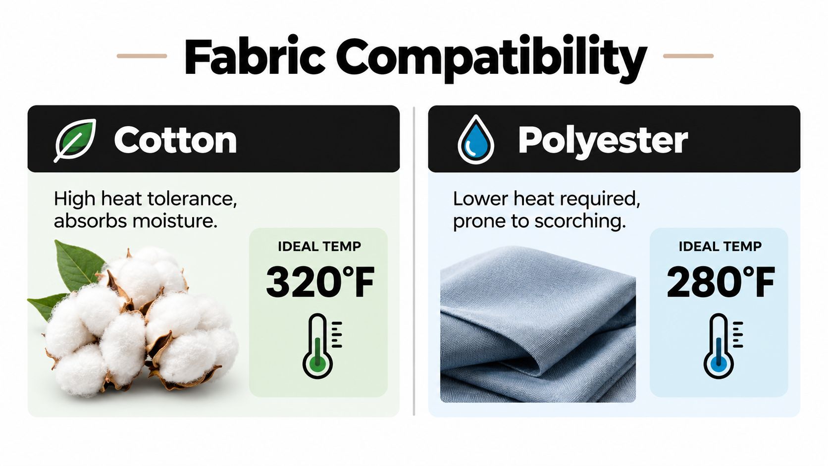 A comparison chart showing ideal heat press temperatures of 320 degrees Fahrenheit for cotton and 280 degrees for polyester.