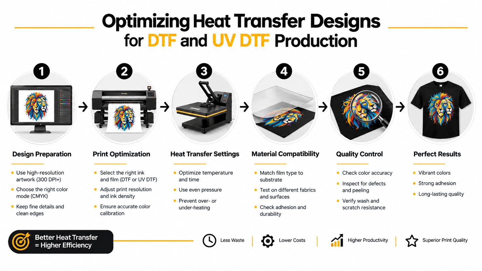 A six-step infographic illustrating the workflow for optimizing heat transfer designs for DTF and UV DTF printing.