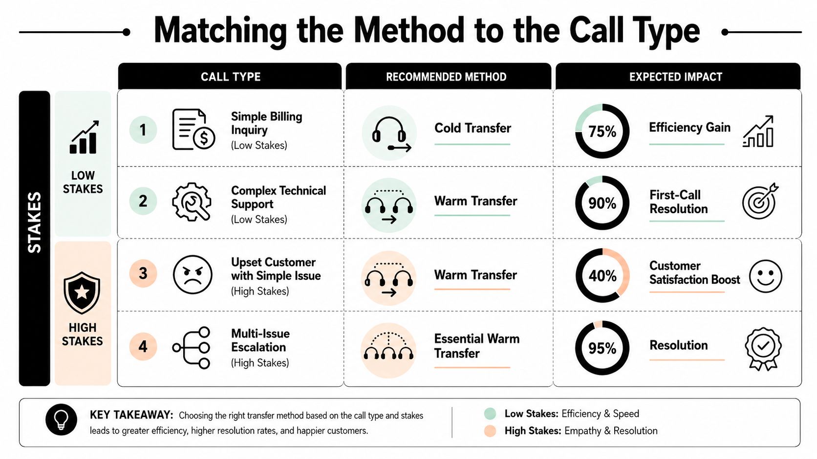 A chart comparing warm transfer and cold transfer methods for different call types and stakes levels.
