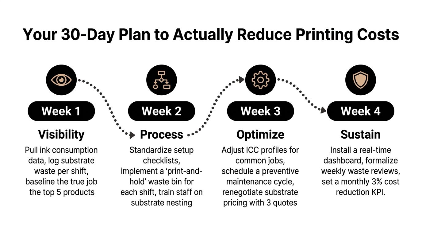 A four-week infographic outlining a strategic plan to reduce printing costs through visibility, process, optimization, and sustainability.