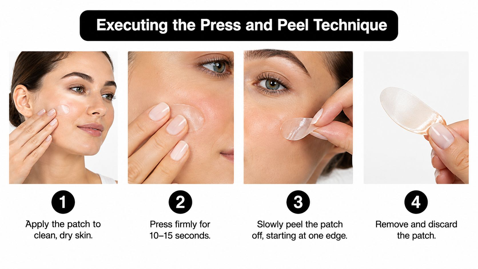 A four-step instructional guide demonstrating how to apply and remove a skincare patch on the face.