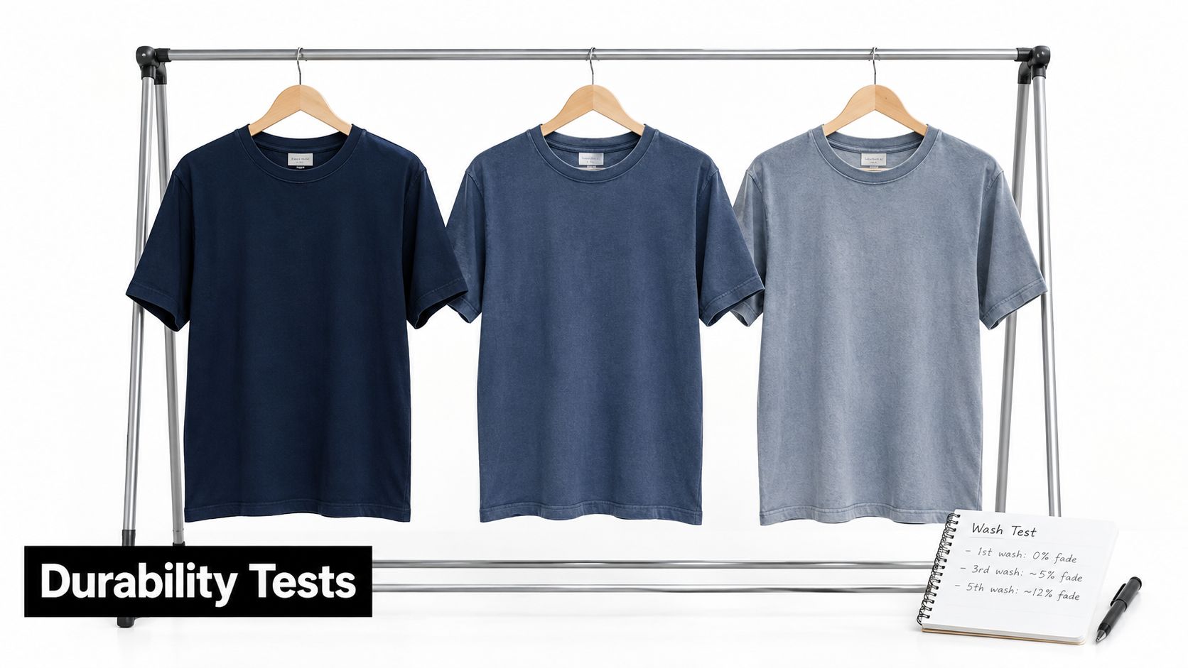 Three t-shirts in varying shades of blue hanging on a rack, illustrating fabric durability testing results.
