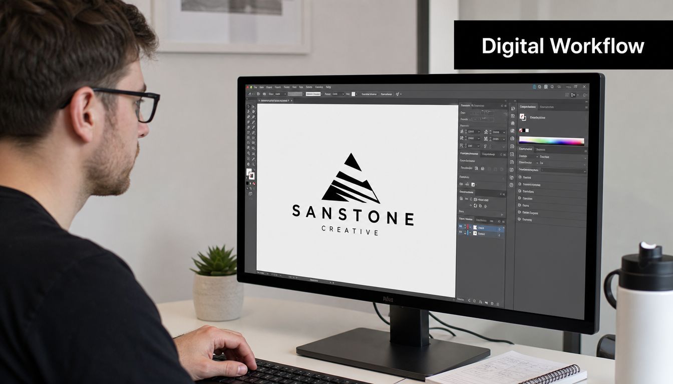 A professional graphic designer working on a logo project using Adobe Illustrator on a computer monitor.