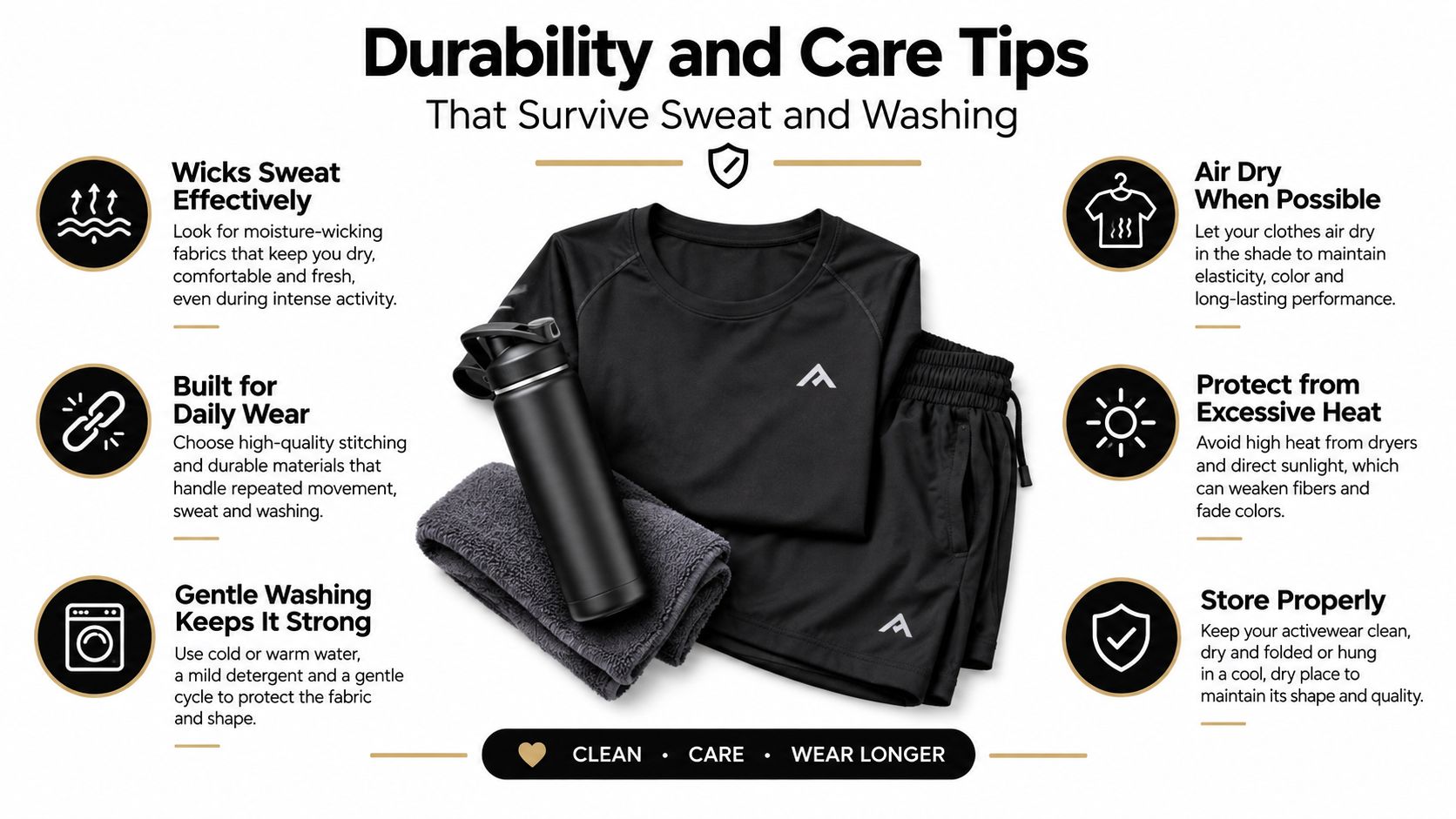 A helpful infographic showing tips for maintaining and caring for durable black athletic workout apparel clothes.