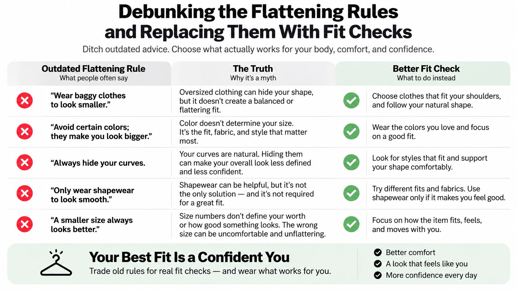 A chart debunking common fashion myths about body image and replacing them with positive fit checks.