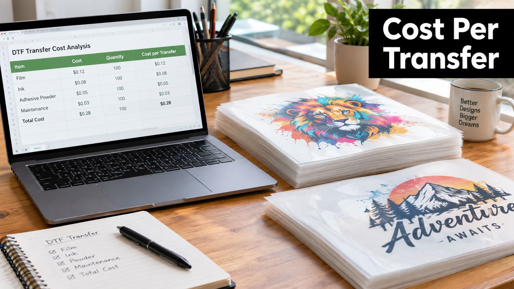 A DTF transfer cost analysis spreadsheet on a laptop next to printed lion and adventure designs.