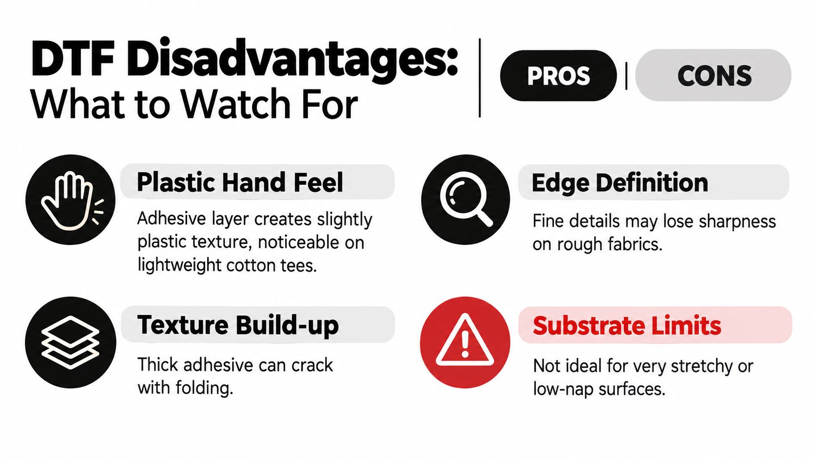 A list of four major disadvantages and limitations associated with the direct to film printing process.