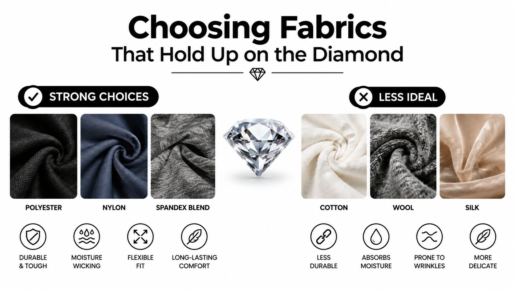 An infographic comparing fabric types suitable for baseball uniforms, highlighting durable choices versus less ideal options.