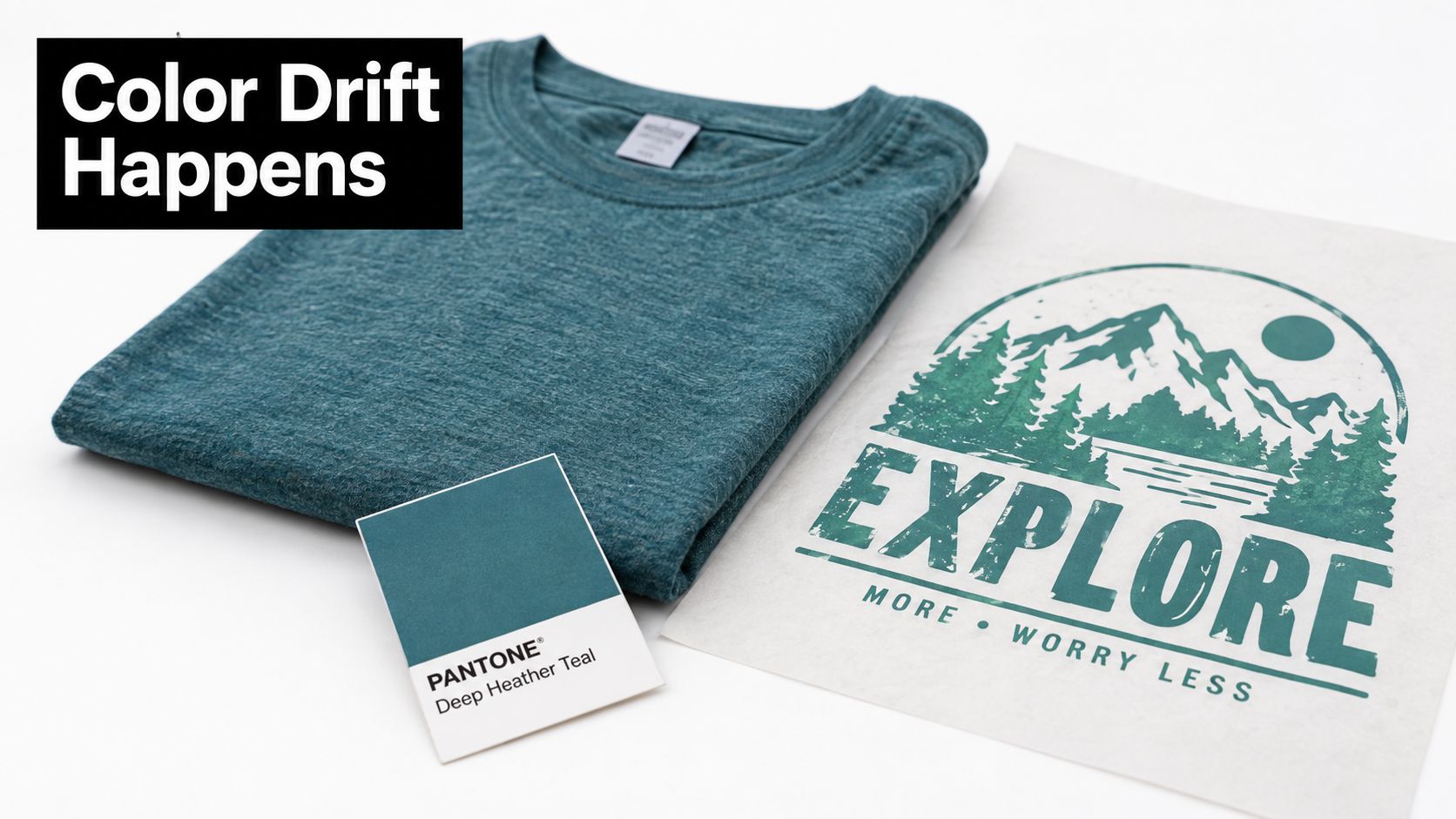 A teal t-shirt, a matching Pantone color swatch, and a screen print design showing a mountain scene.