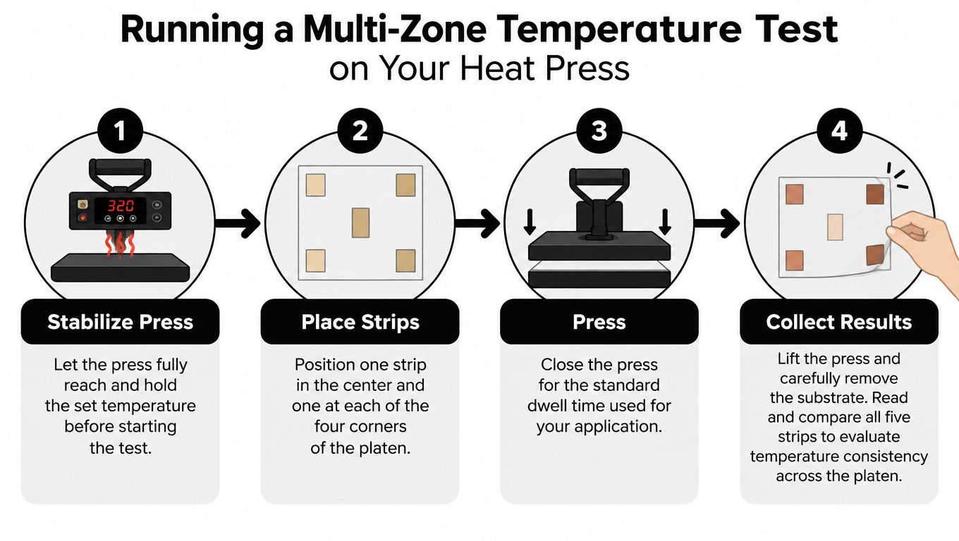 An infographic showing four steps to perform a multi-zone temperature test using heat press test strips.