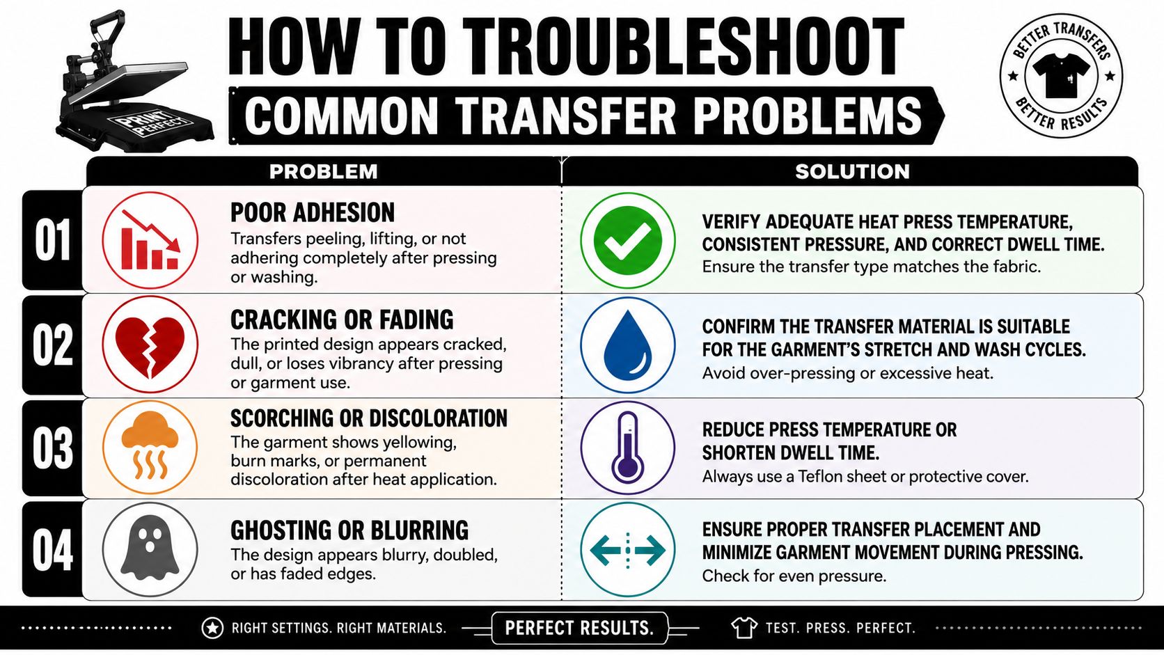 A troubleshooting guide for screen print heat transfers showing common problems like poor adhesion and fading.