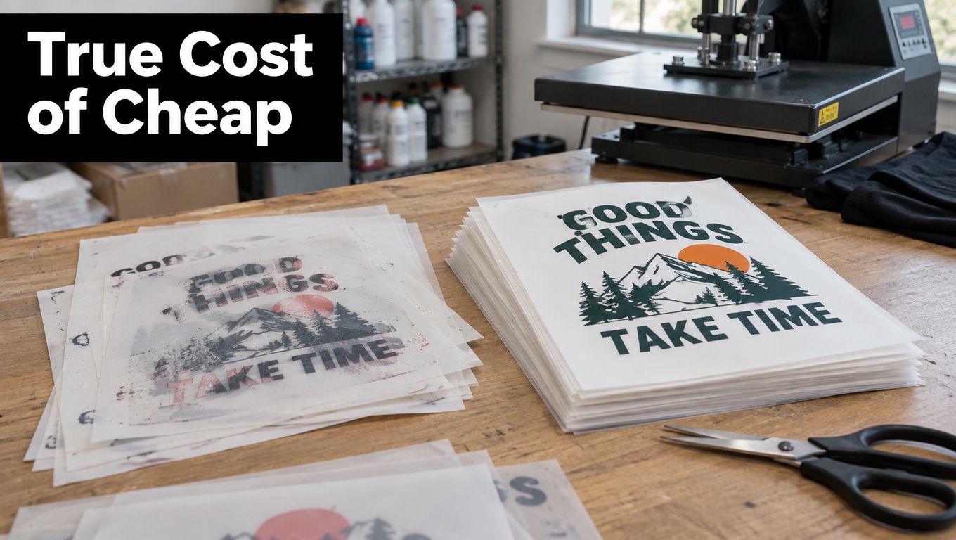 A workspace showing a stack of high-quality DTF film transfers alongside a pile of defective low-quality prints.