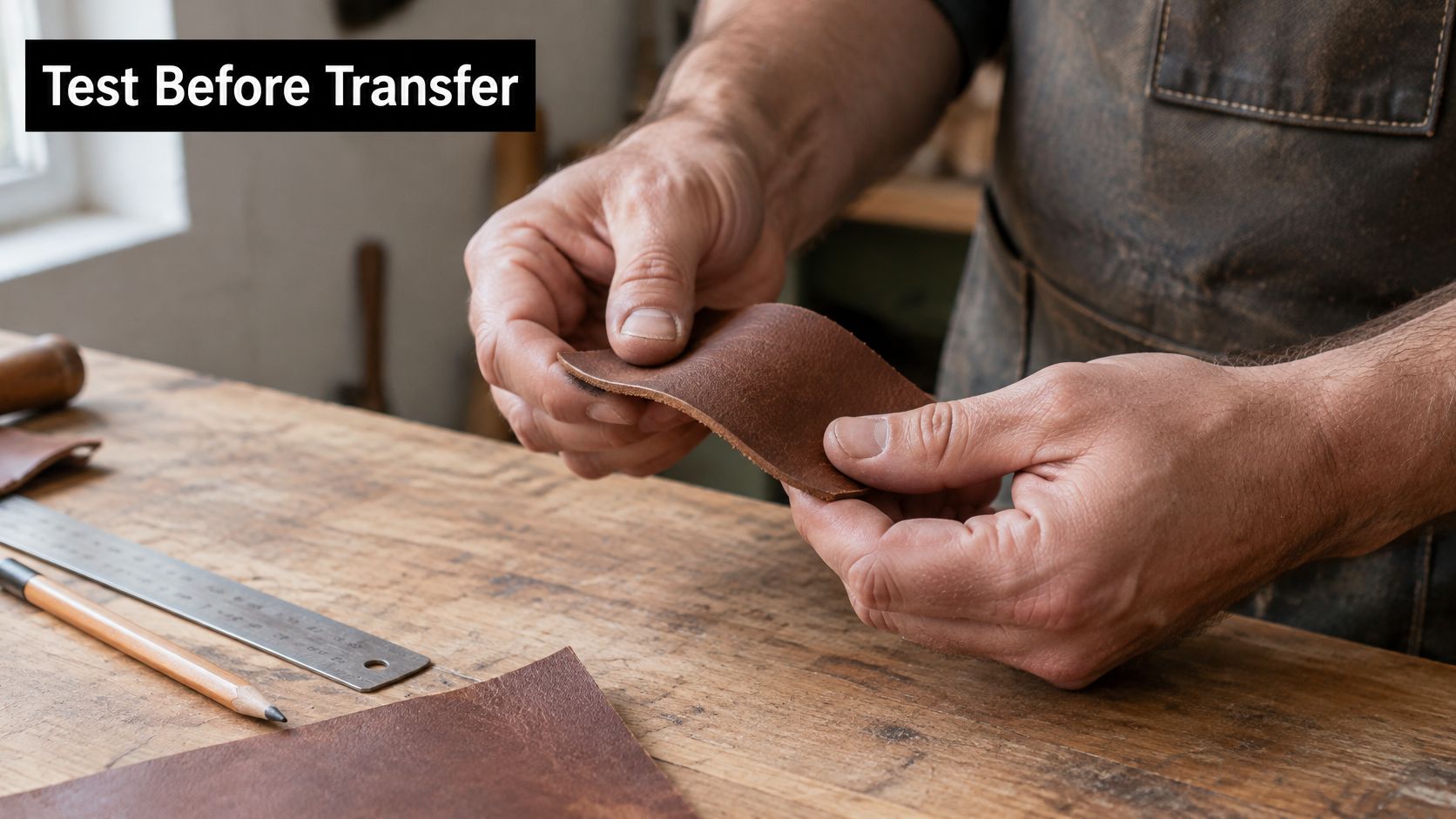 A leather artisan holding a piece of raw brown leather, inspecting its texture in a woodworking shop.