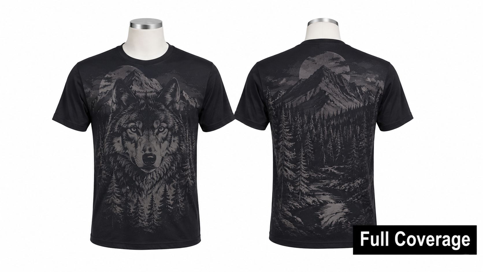 A black t-shirt featuring a detailed graphic design of a wolf, mountains, and a forest landscape.