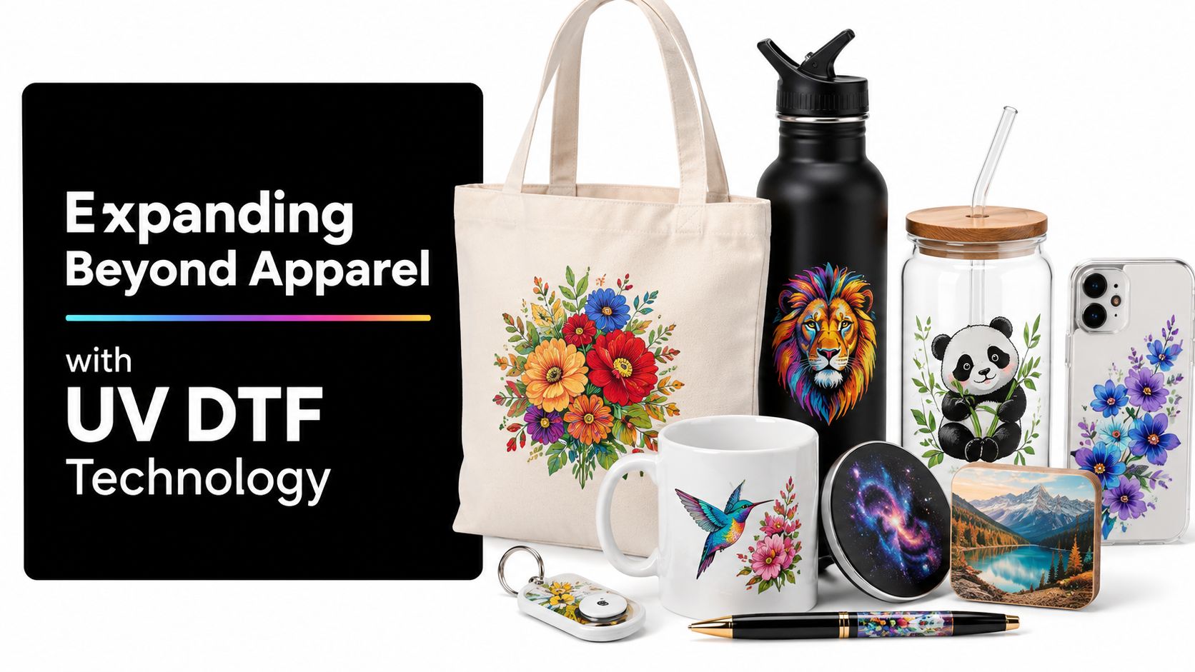 Various promotional products like mugs, tumblers, and totes customized using UV DTF printing technology displays.