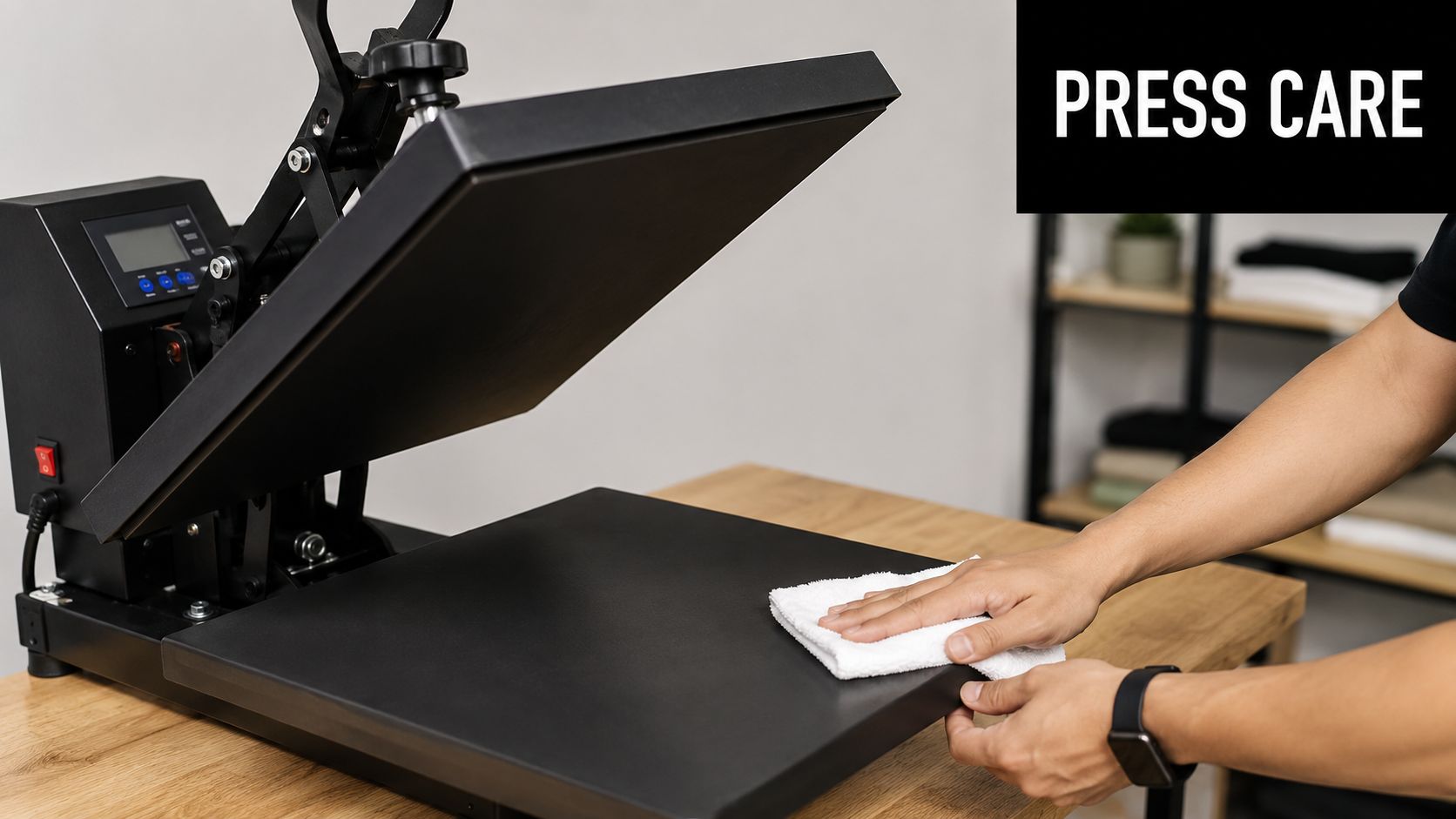 A person wiping down a black professional heat press machine surface with a white cloth.