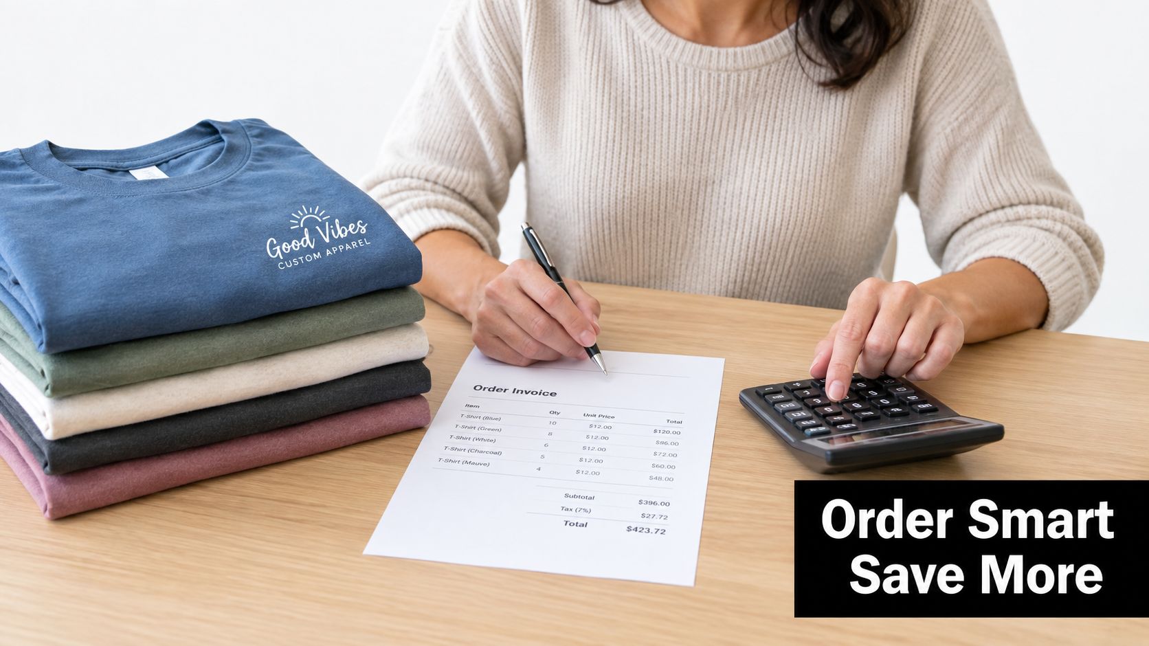 A person calculating costs for a custom t-shirt order with a stack of apparel on the table.