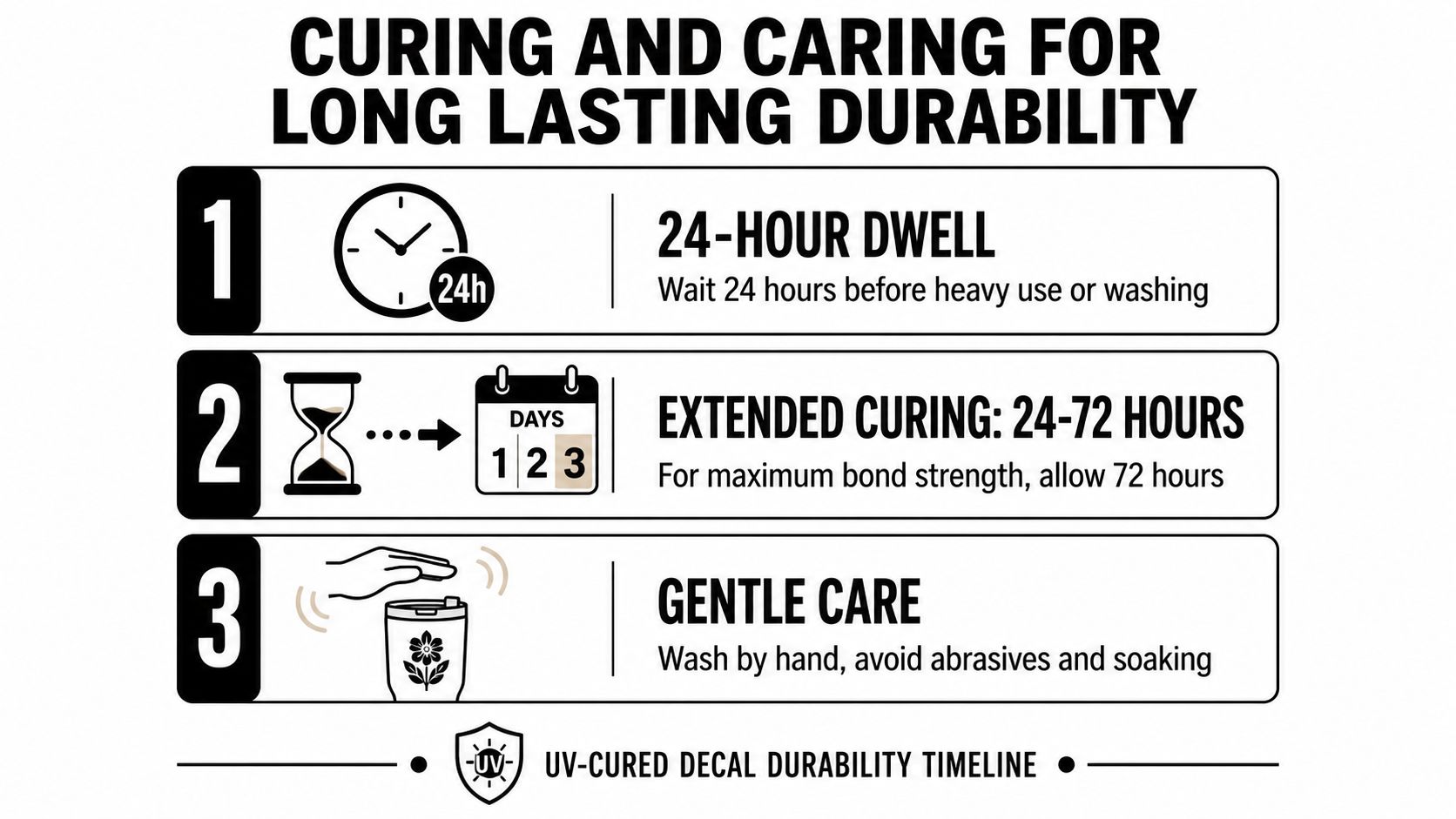An instructional graphic on curing and caring for UV DTF decals on tumblers for long-lasting durability.