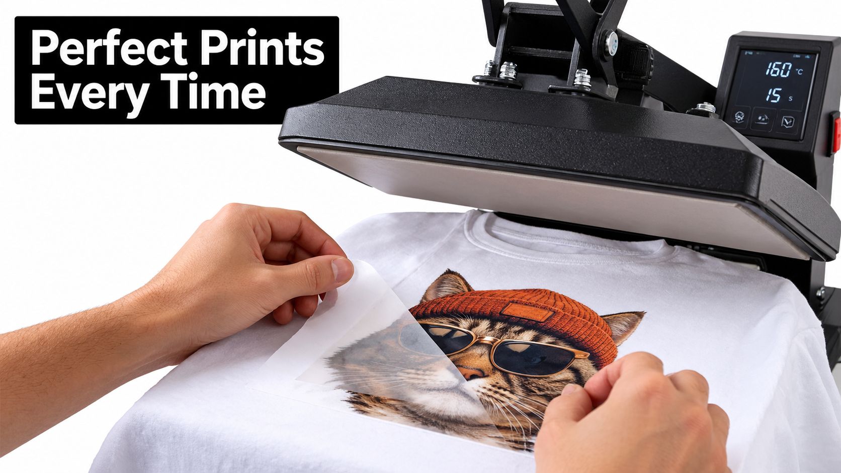 A person peels a printed design off a white t-shirt while using a professional heat press machine.