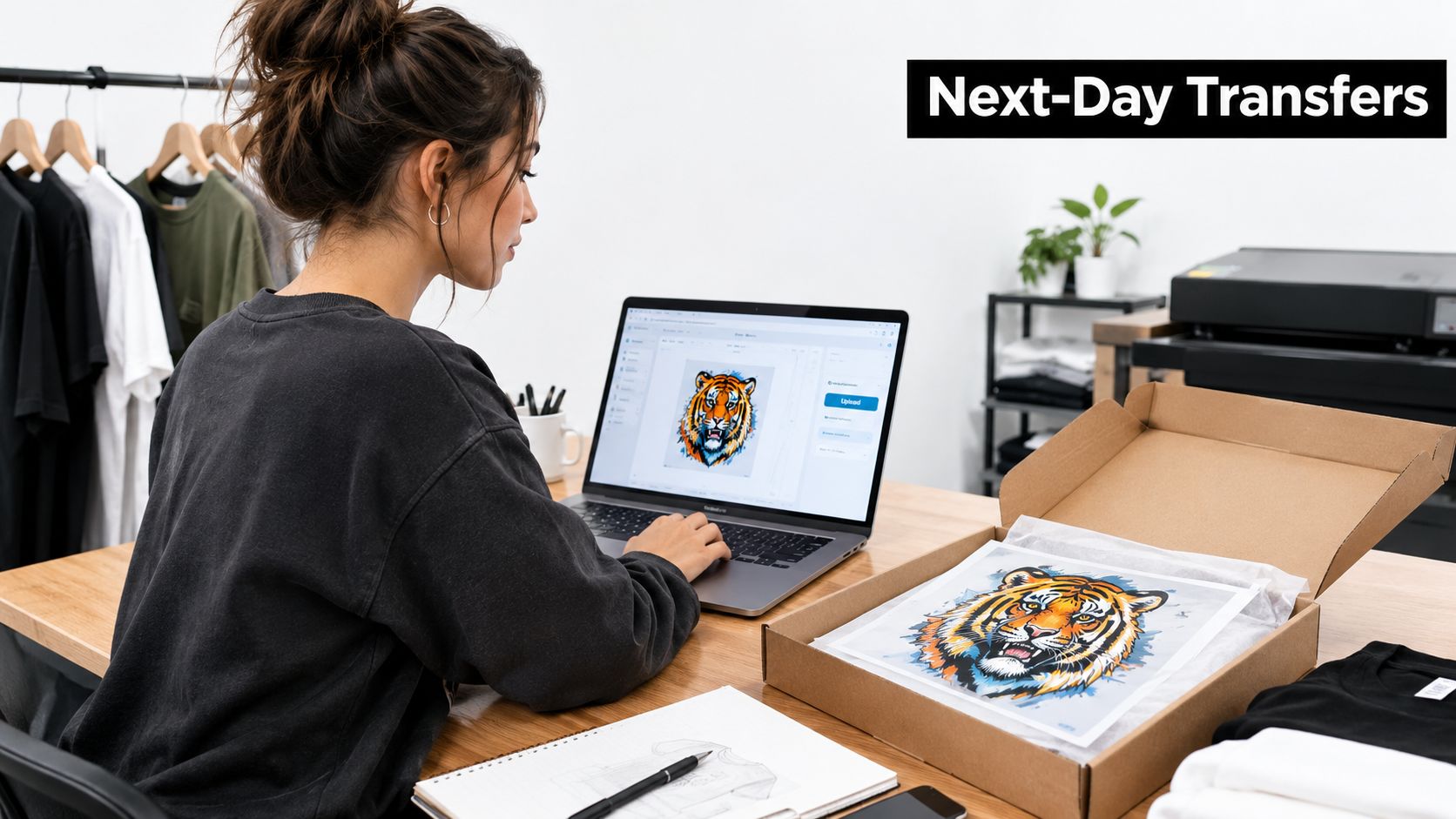 A woman working on a laptop while designing custom full color DTF transfers for apparel printing.