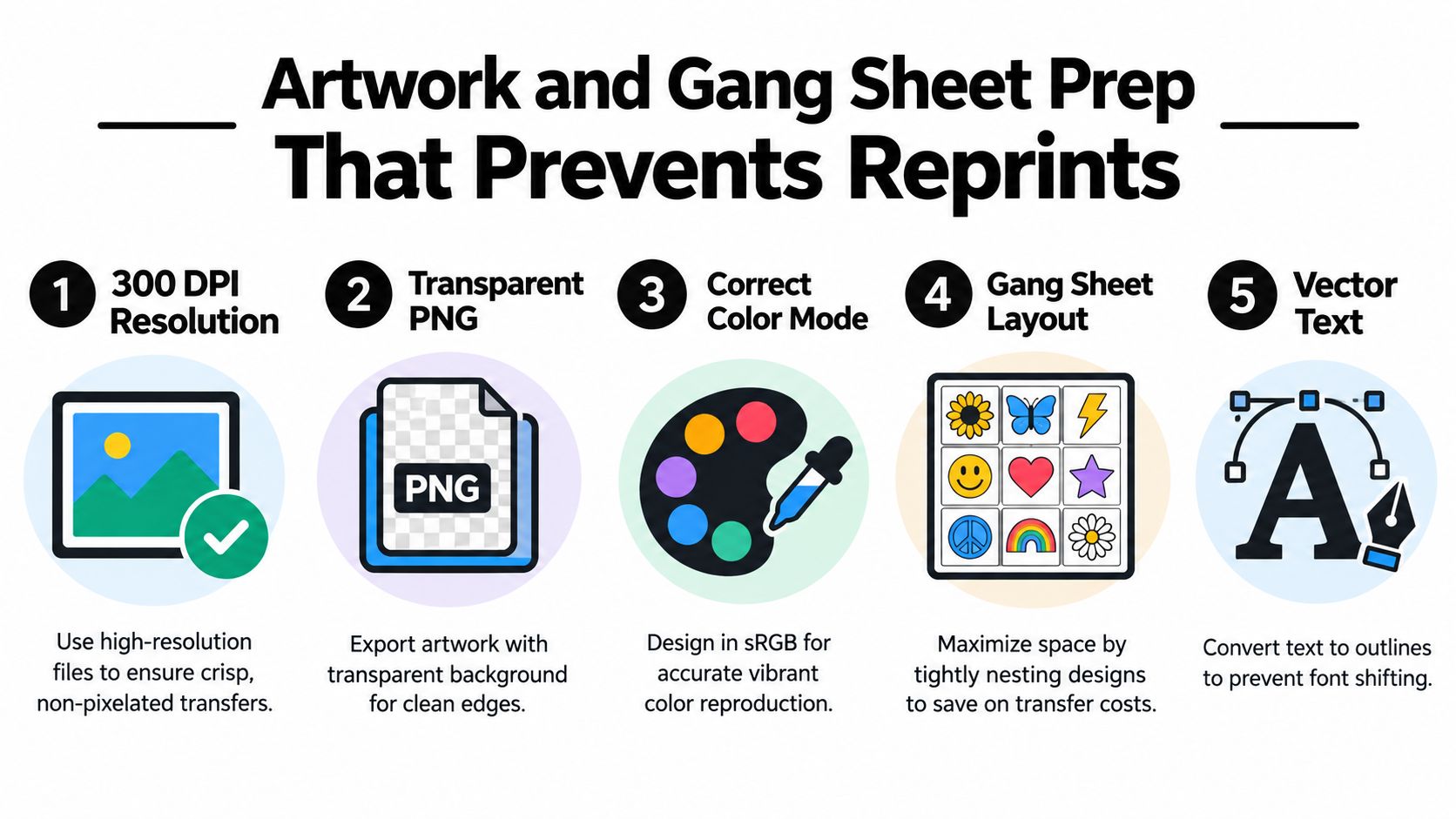 A five-step guide on preparing artwork and gang sheets to ensure high-quality custom t-shirt printing results.