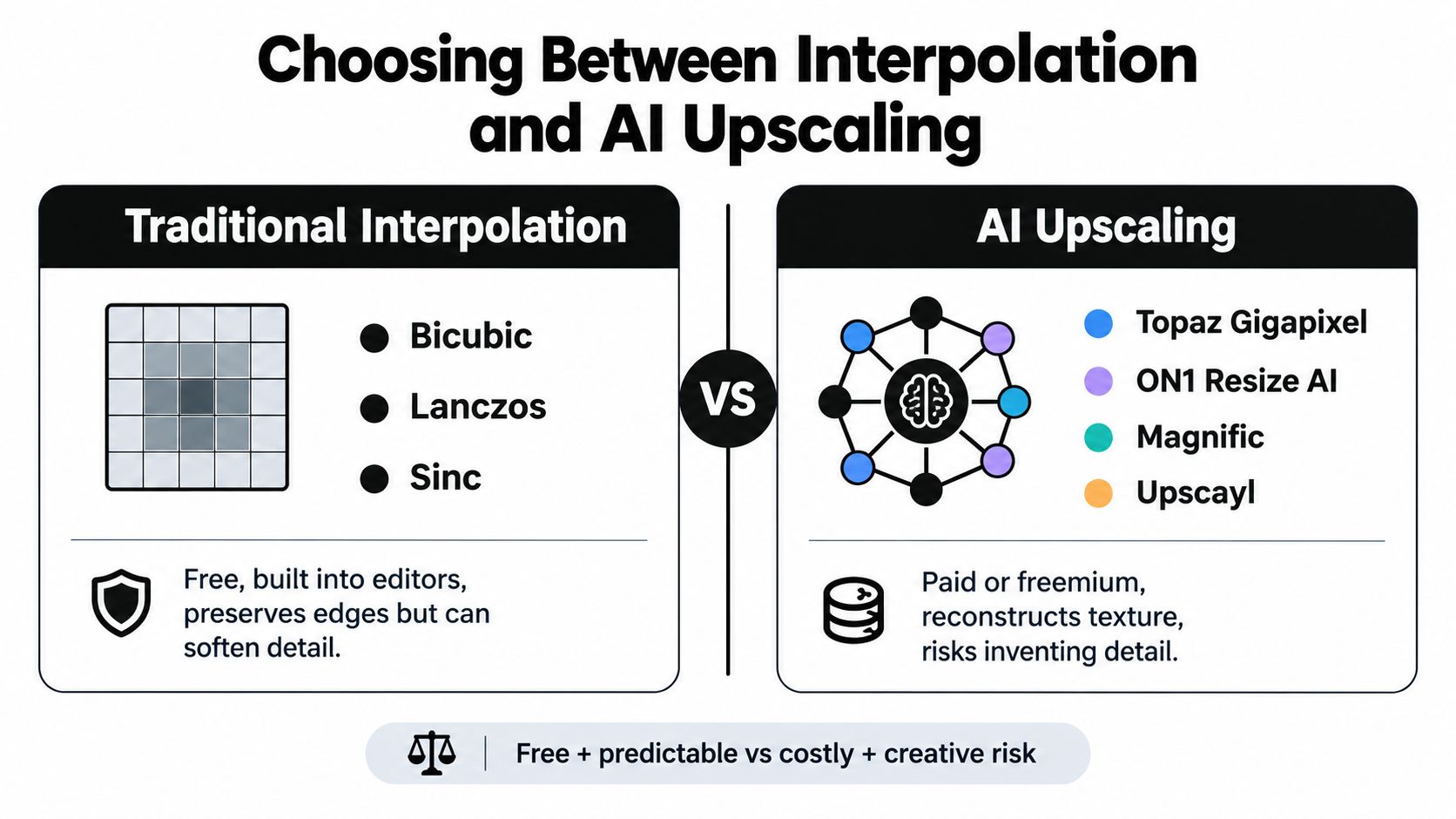 A comparison chart showing the differences between traditional image interpolation methods and AI-powered image upscaling software technologies.
