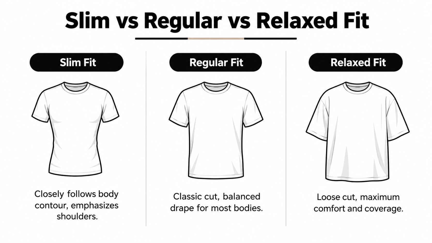 A comparison chart showing three t-shirt styles: slim fit, regular fit, and relaxed fit.