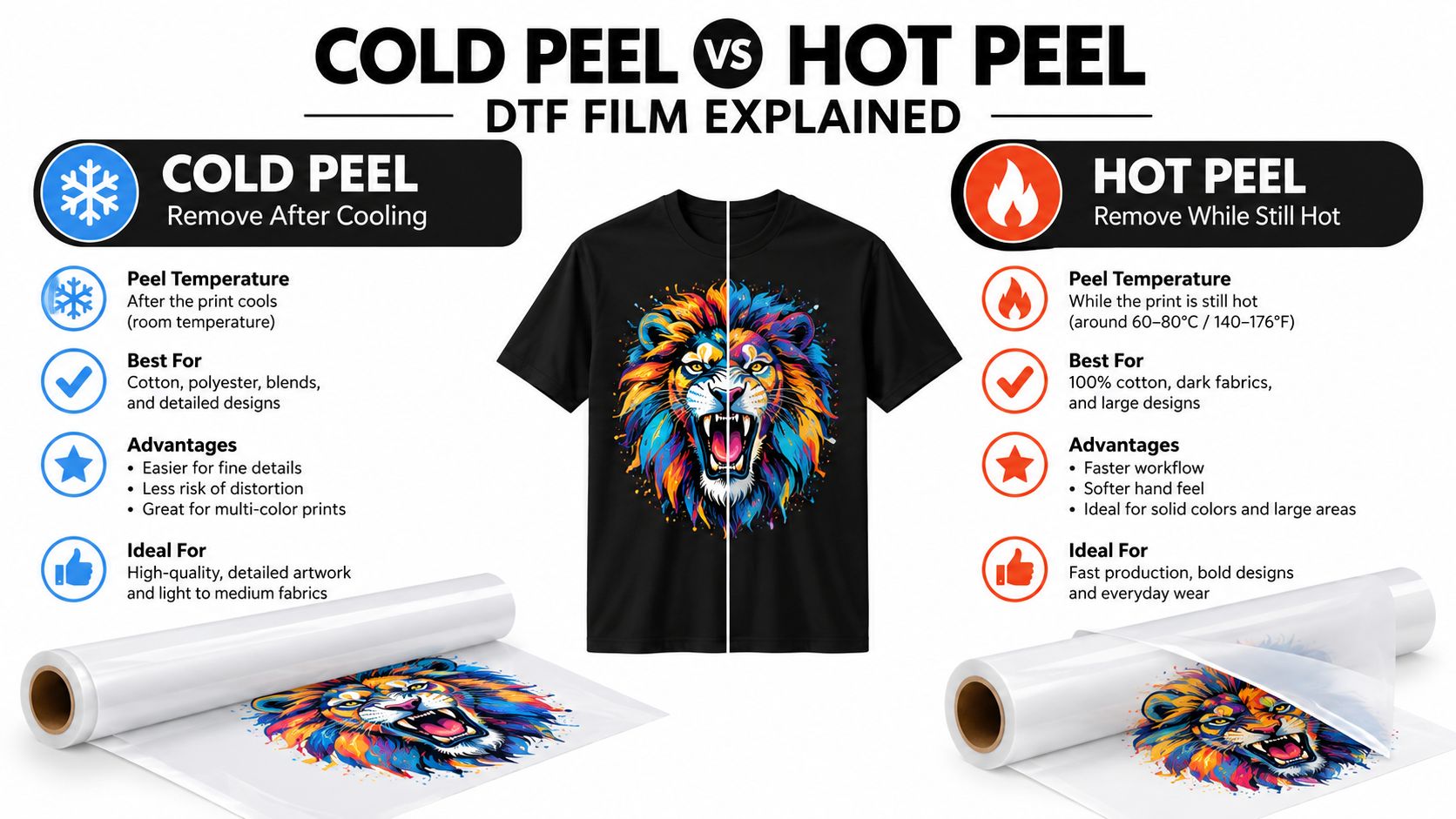 A comparative infographic showing the differences between cold peel and hot peel DTF film printing techniques.
